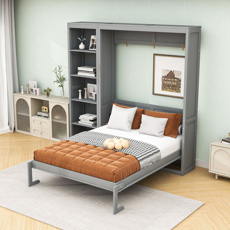 Lit escamotable en bois avec tablettes multifonctionnelles, Gris, Grand lit