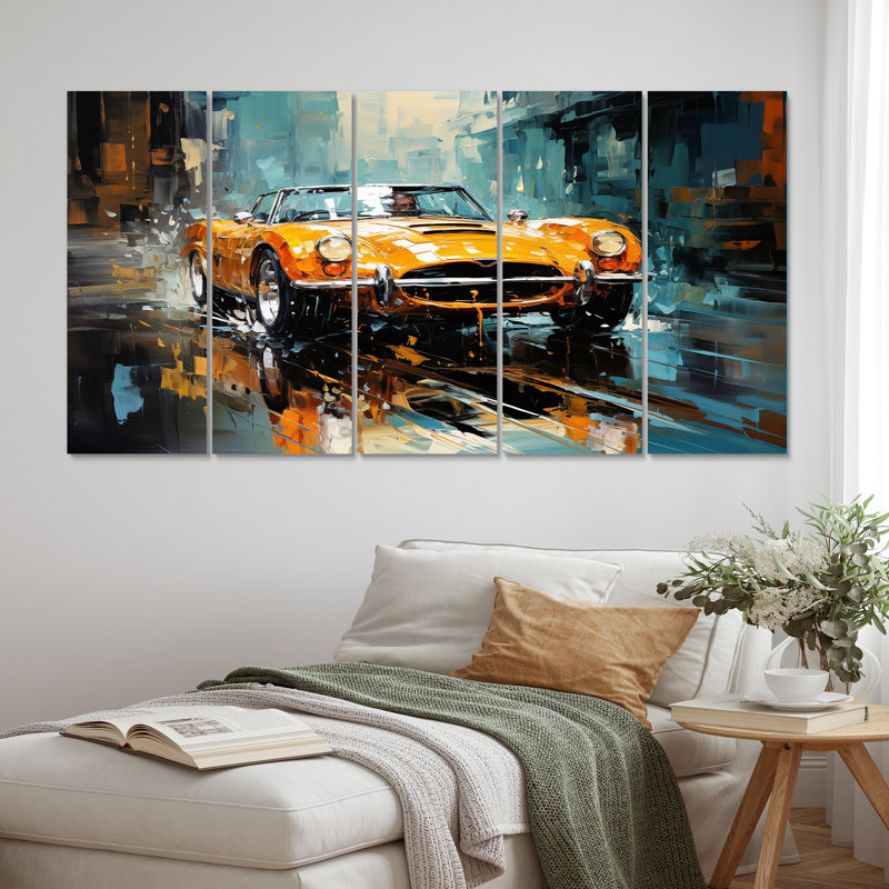 Illustration rétro de voiture de sport Grand Prix II - voitures de course, art mural salon - 5 panneaux égaux