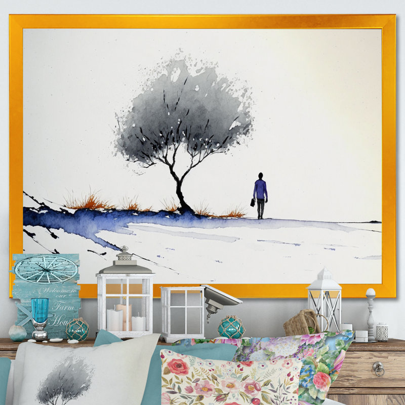 «Gray Tree in Watercolor Solitude», reproduction sur toile, H 12 po x l 20 po x P 1 po, Encadrement doré