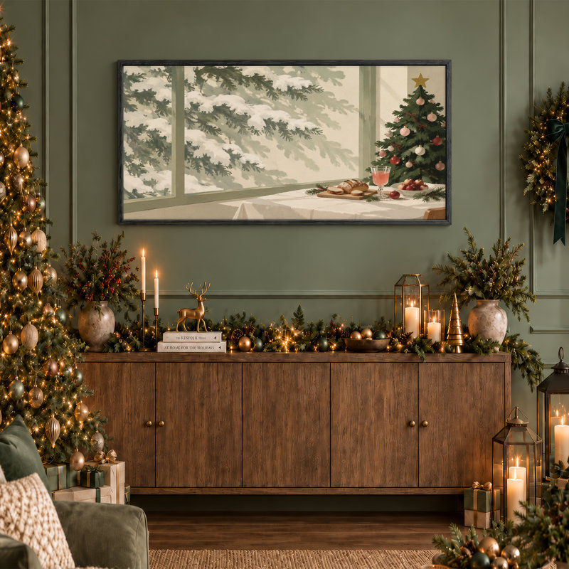 Snowy Pine Branches Outside Window With Tree And Christmas Canvas Wall Art, 40“W x 20”H