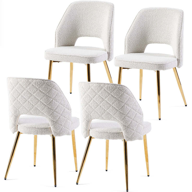 Set of 4 Beige Boucle Upholstered Side Chairs with Gold Metal Legs
