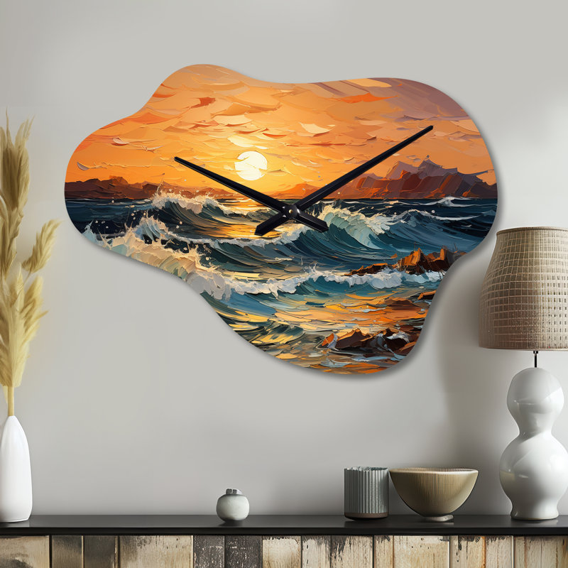 Abstrait lyrique orange sarcelle, coucher de soleil lyrique - horloge murale asymétrique, Petit
