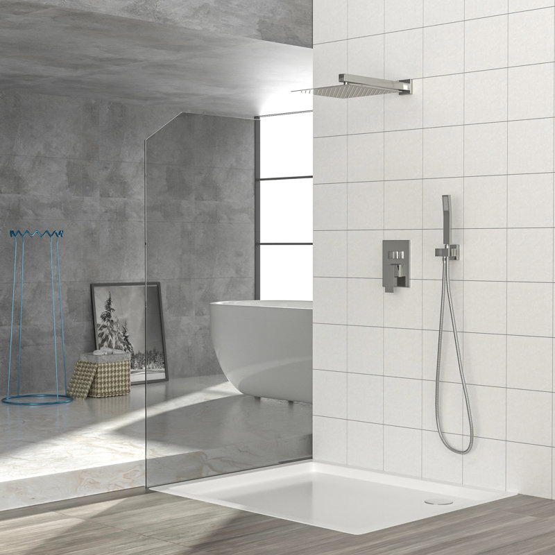Brushed Nickel 12 Inch Wall Mounted Dual Shower System, - Scald Valve, Rainfall And Handheld With Extensive Coverage Square , Balanced Rough In Finish, For Everyday Use