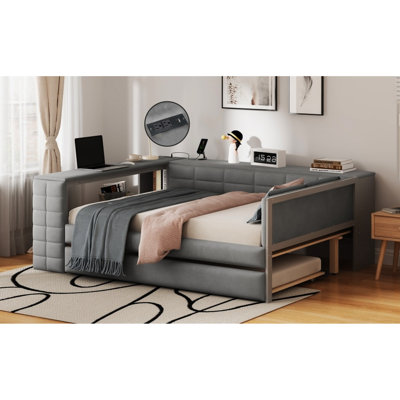 Full Size Upholstered Platform Bed With Gray Velvet Upholstery, Storage Shelves, Desk, Charging Station And Twin Trundle For Modern Home Relaxing Sleep