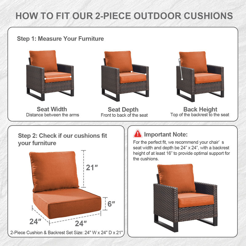 Allo 24"X24"X6" Thick Cushions & Pillows Set - Deep Seat Indoor/Outdoor Water & Fade Resistant, Orange, 1