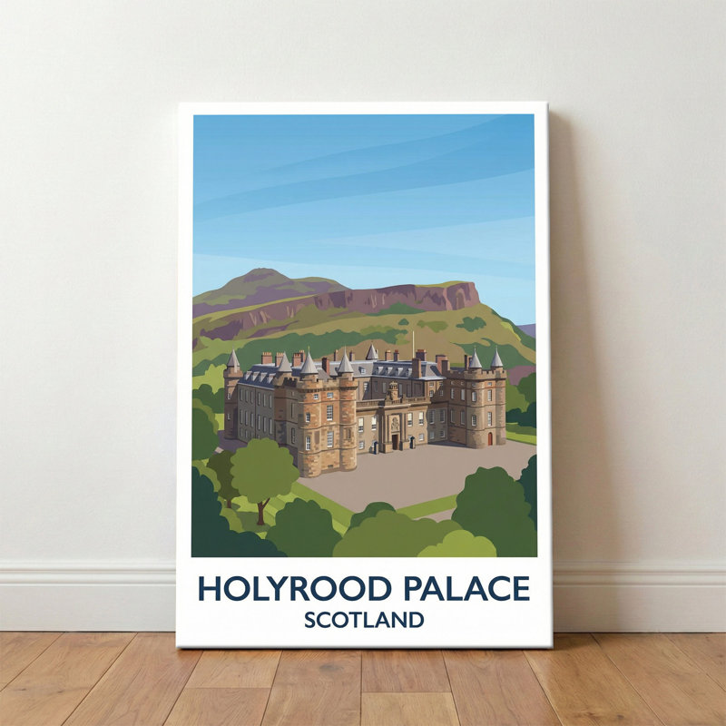 Holyrood Palace, Scotland - Romantic Travel Poster Of Edinburgh's Royal Palace And Arthur's Seat. Giclee Print On Wrapped Canvas. Wall Art, Home Decor - Castles & Palaces, Scotland - Wrapped Canvas Print