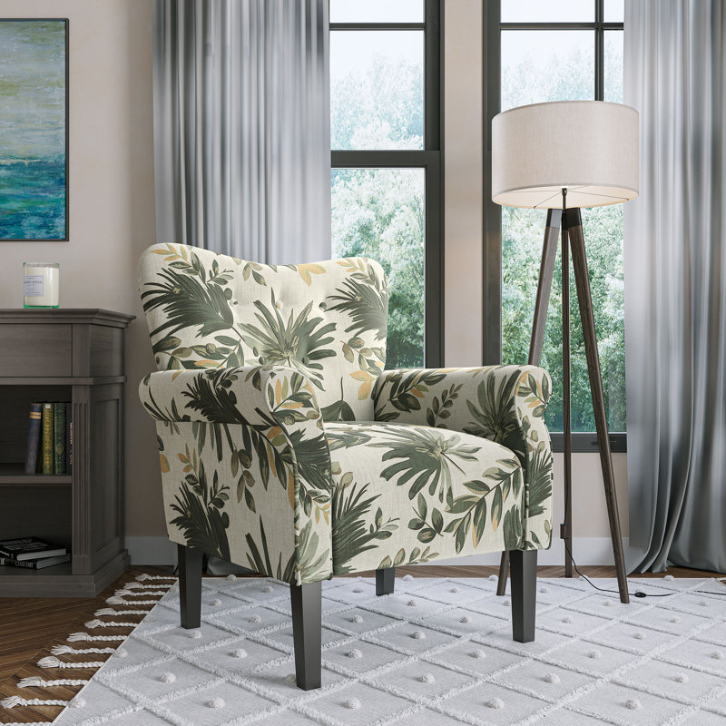 30.3" Wide Tufted Upholstered Armchair, Green Floral Linen