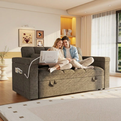 Canapé-lit 3 en 1 de 165 cm, convertible en lit deux places, en tissu cachemire doux, avec sac de rangement latéral et coussins, idéal pour le salon d'un appartement, gris foncé.