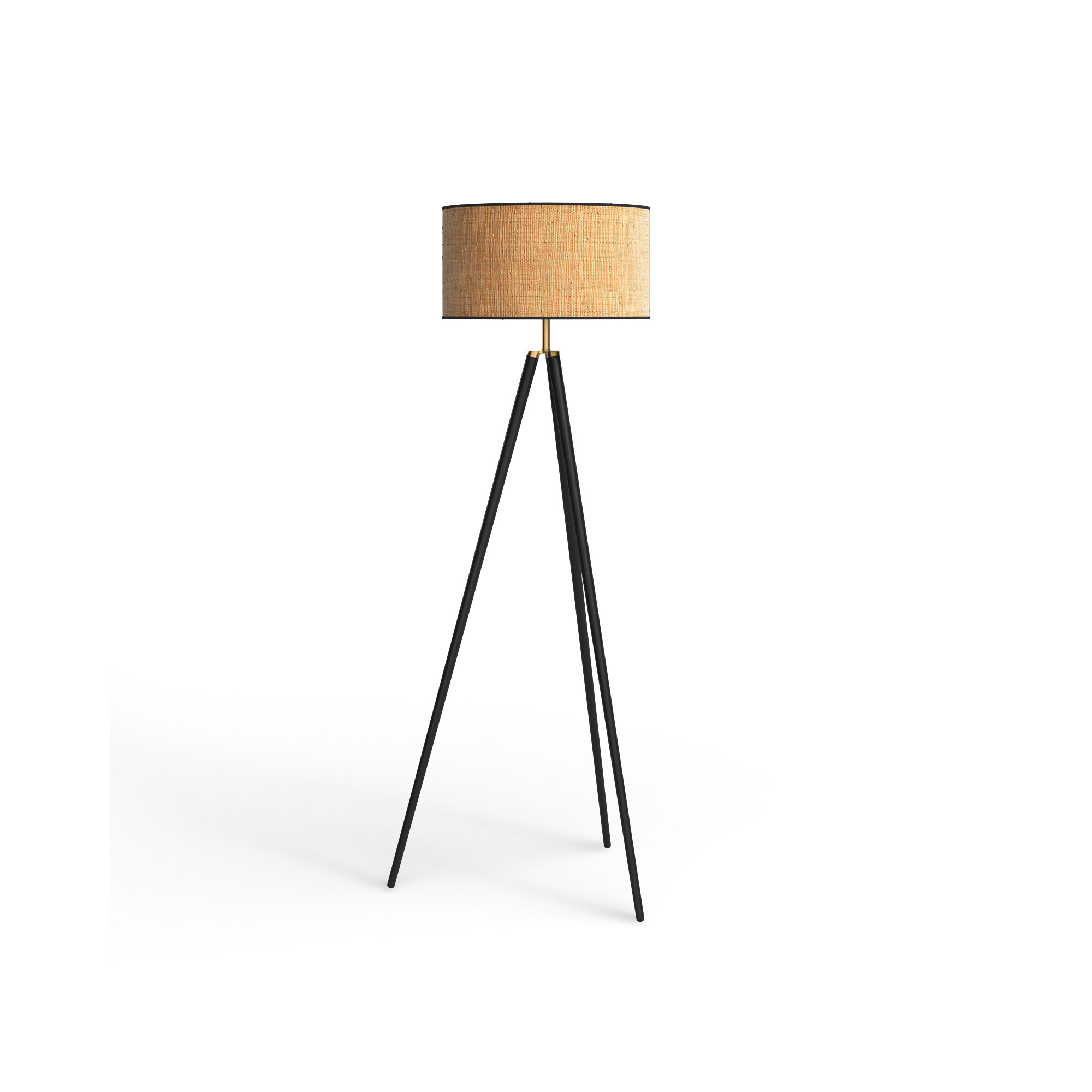 Kisa 60.5'' Dimmable Floor Lamp, Black Wood w. Antique Brass Accents, Woven Natural Rattan Shade w. Black Trim