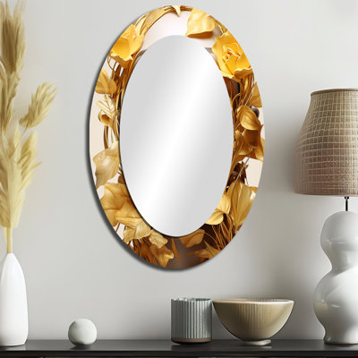 White and gold woman portrait with leaves I - Large Oval Wall Mirror On Metal