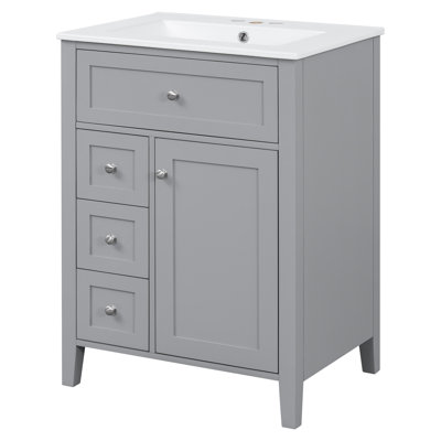 "24" Gray Bathroom Vanity With Sink, MDF & Rubberwood Construction, 3 Drawers & Cabinet With Adjustable Shelves, Modern Design For Small To Medium Bathrooms"