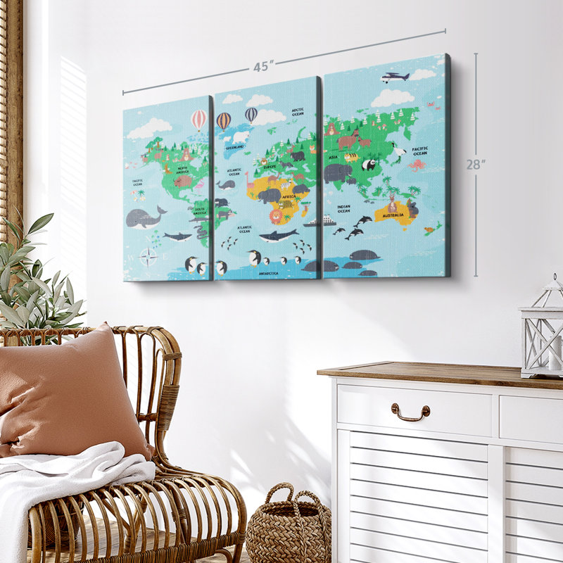 "Carte du monde pour enfants" sur toile, H 28 po x l 45 po x P 1,25 po