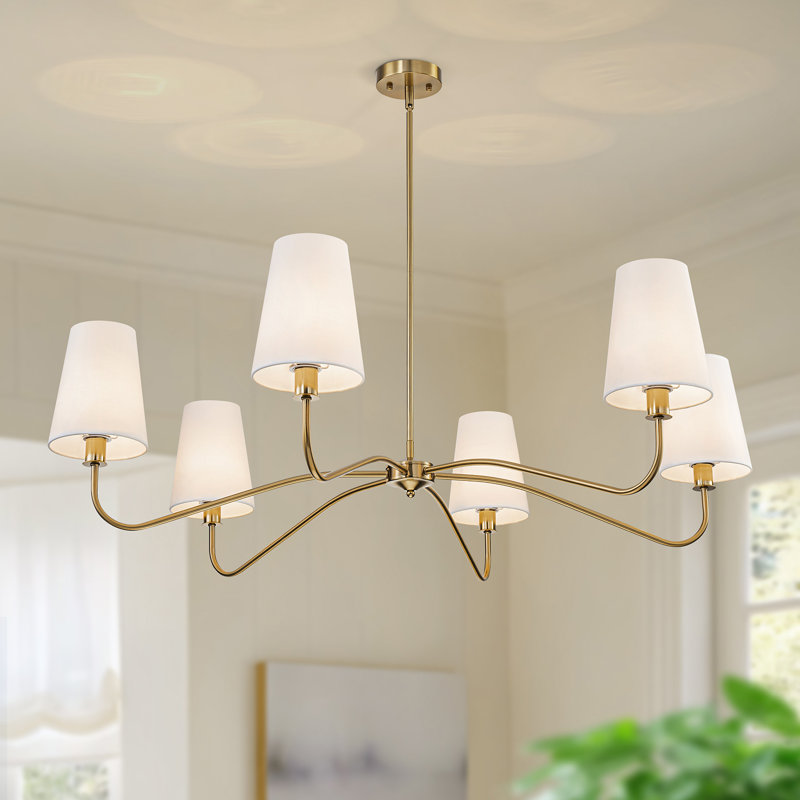 47”w Classic Chandelier With White Linen Shades, Gold