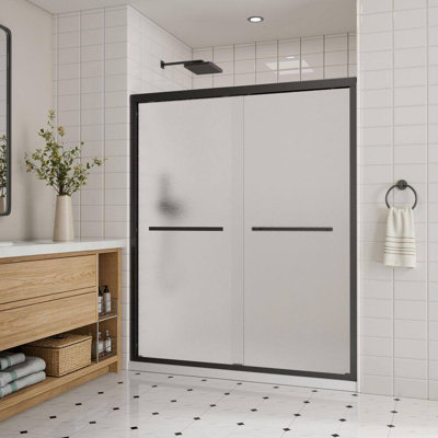 Porte de douche coulissante en aluminium noir mat 61 po x l 76 po x H 76 po noir mat avec verre trempé givré de 1/4 po, poignée double