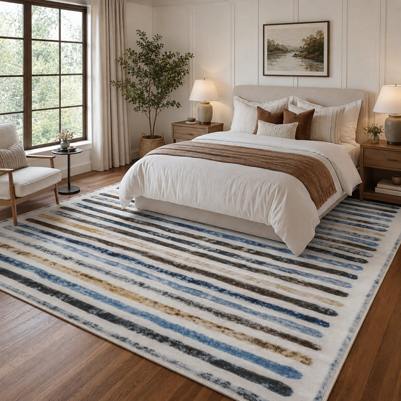 Tapis à rayures antidérapant coloré et moderne lavable à la machine en bleu / brun / jaune / crème pour le salon, la chambre à coucher, les tapis d'intérieur de couloir