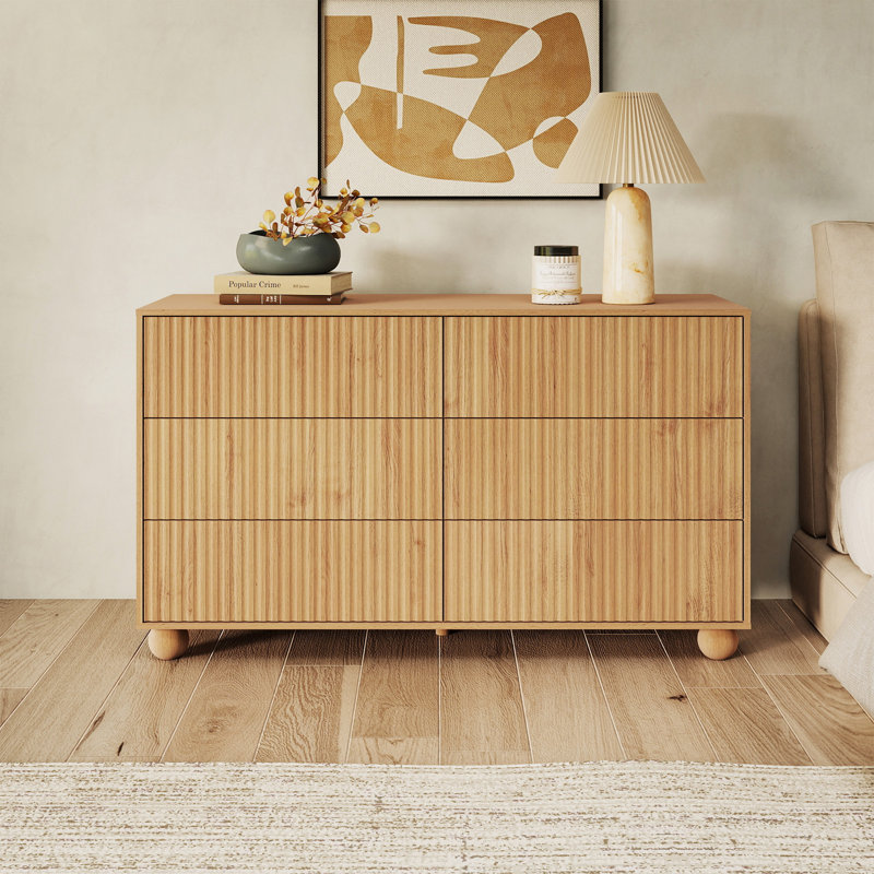 Fluted 47.3" Dresser with 6 Drawers, Wooden Chest of Drawers with Rebounder