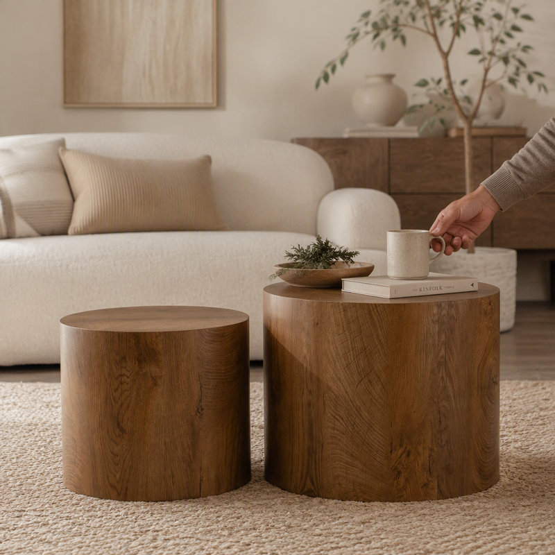 Ensemble de 2 tables basses gigognes rondes en bois, tables d'appoint rondes et modernes, gain de place, idéales pour les petits espaces, le salon, la chambre ou le bureau.