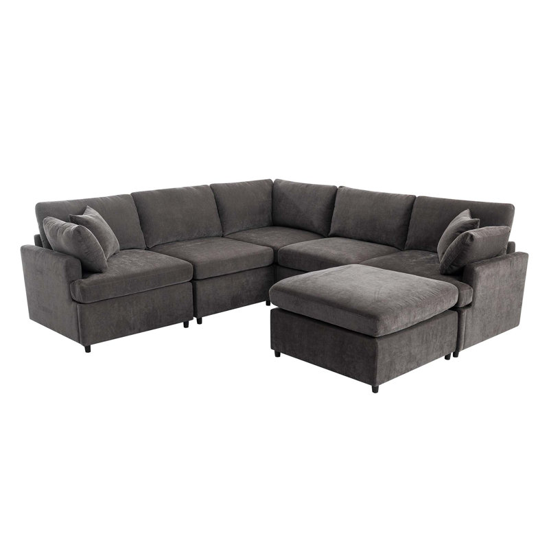 Canapé modulaire moderne en U avec repose-pieds amovible (6 places), Polyester gris
