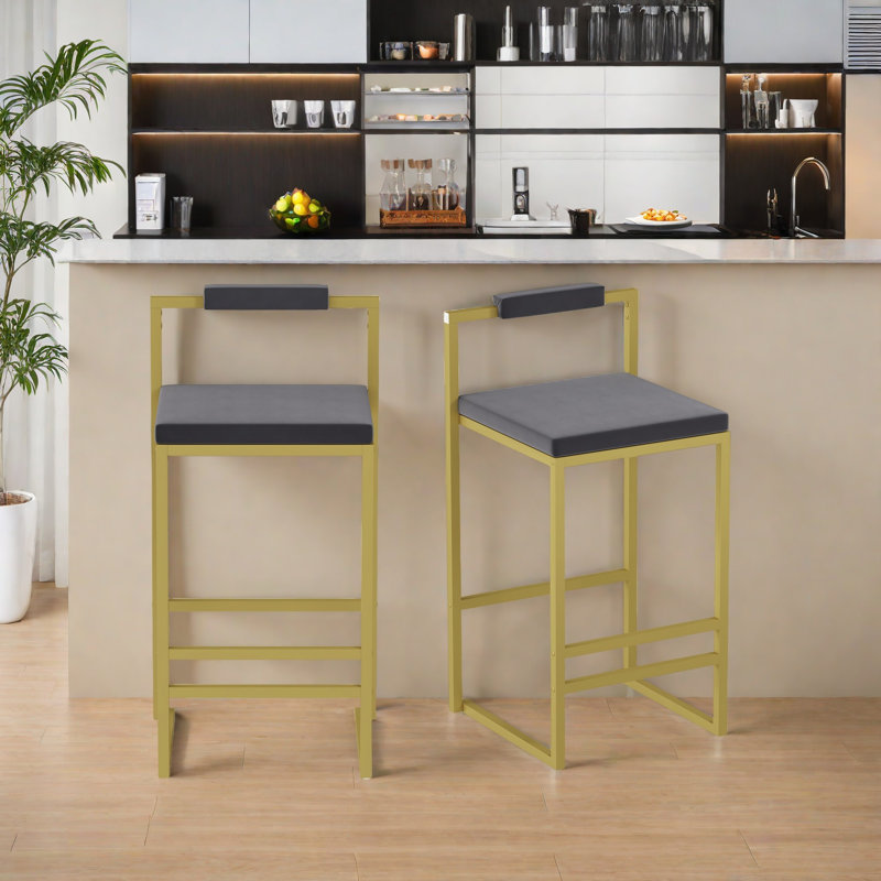 Ensemble de 2 tabourets de bar modernes à hauteur de comptoir en velours avec dossier bas pour îlot de cuisine, Doré, Gris