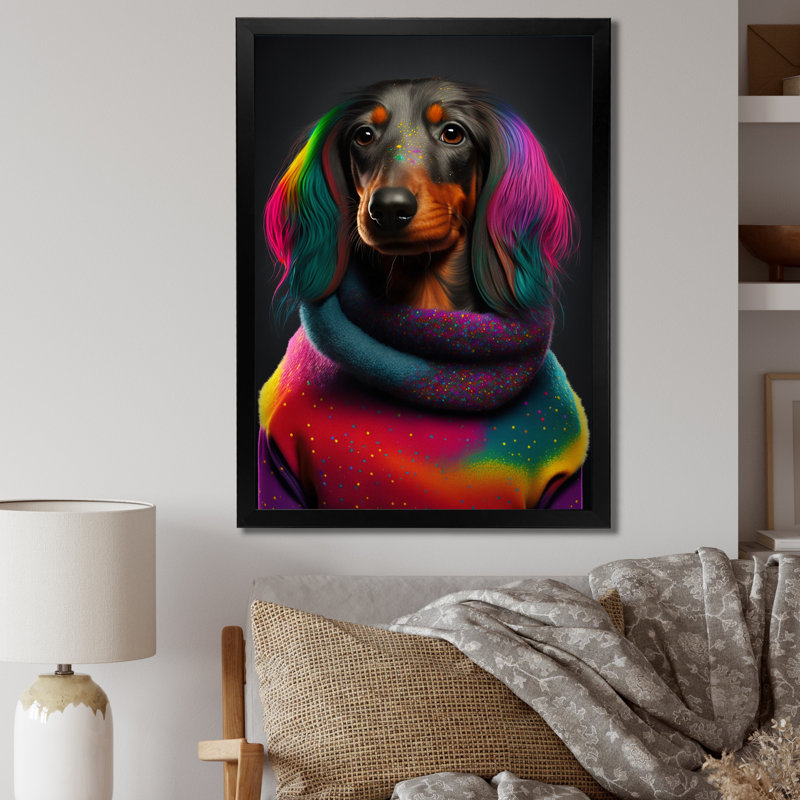 Teckel froid dans un chandail arc-en-ciel - Imprimé, H 32 po x l 16 po x P 1 po, Cadre simple noir