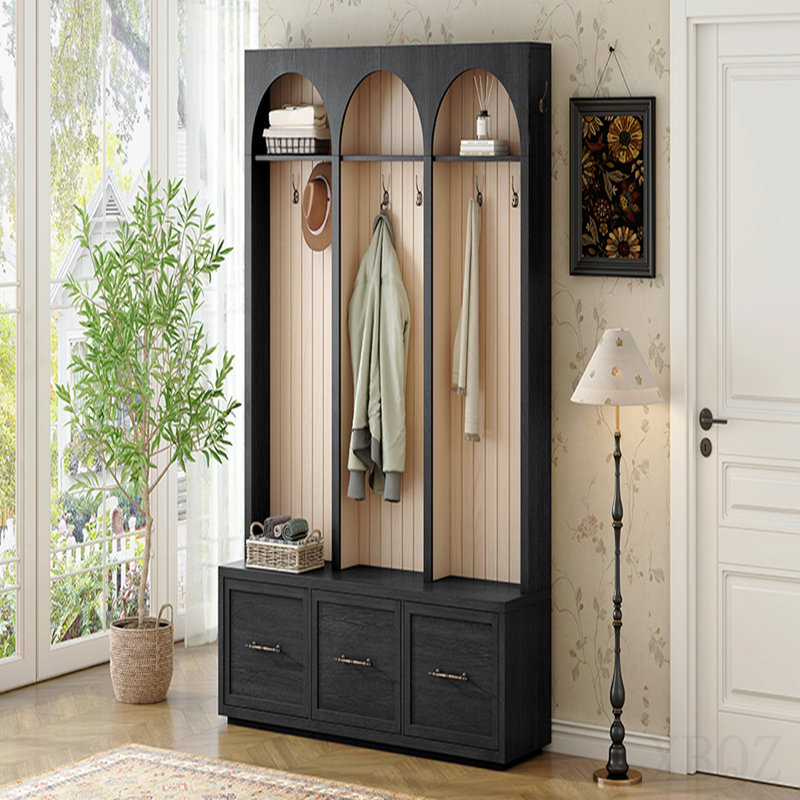 Farmhouse Wooden Style Hall Tree with Arched Design, Elegant Entryway Bench with Retro Hooks, Rustic Coat Rack & Shoe Organizer with Drawers for Mudroom, Living Room, Black