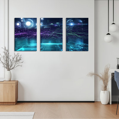 Futuristic Digital Circuit Technology Canvas Wrapped Wall Art Oil Painting Print Set Of 3 For Modern Home Office Decor