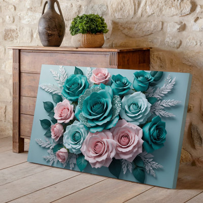 Reproduction d'art sur toile, "Arrangement visuellement impressionnant" de roses sarcelle et de roses douces délicatement entrecoupées de cristal