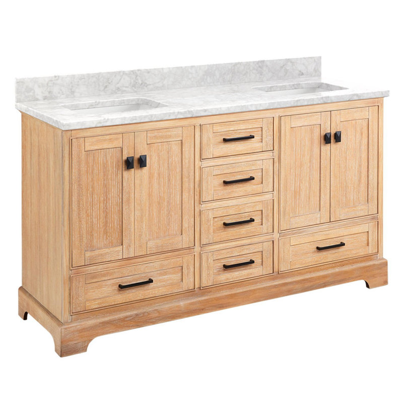 Quen 60" Freestanding Double Basin Vanity Set with Cabinet, Vanity Topss, Driftwood Brown, Carrara Marble, No Faucet Holes