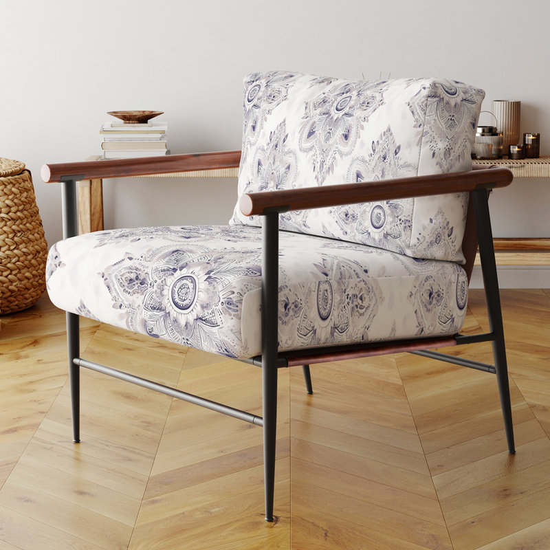 Chaise rembourrée à motif cachemire Paisley, Bras ronds bruns