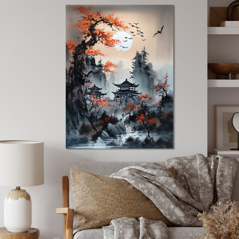 Fourche Red Moonset Raven Cry Japon IV, H 20 po x l 12 po x P 1 po, Toile tendue