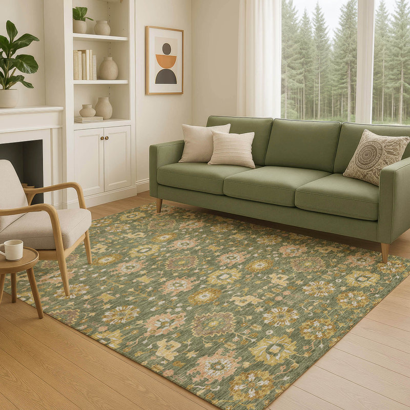 Tapis traditionnel lavable à la machine intérieur / extérieur ACN2610, Olive, 10 pi x 14 pi