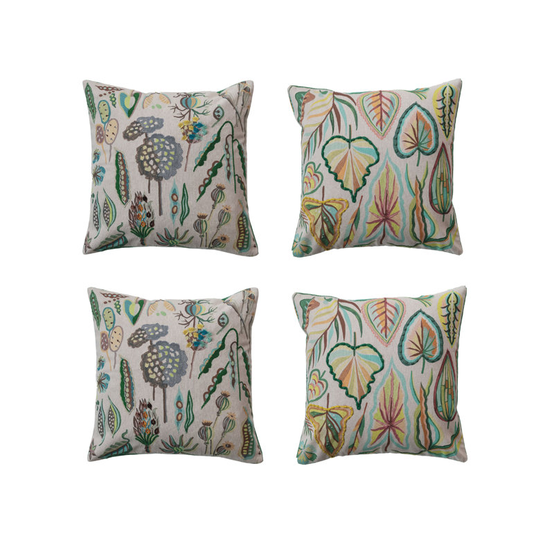 Botanical Embroidered Cotton Square Throw Pillow Set