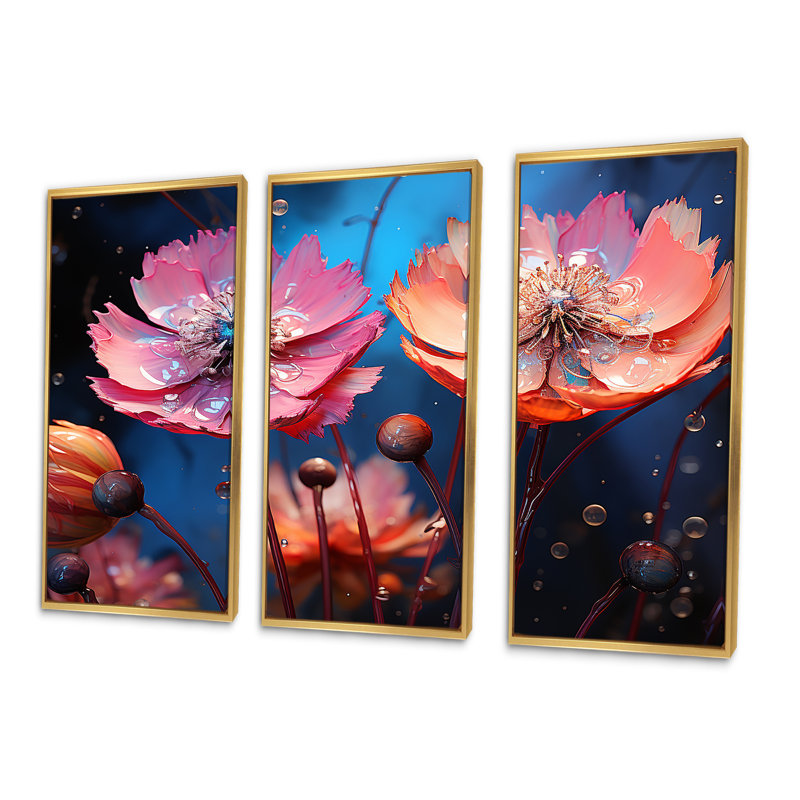 Ensemble d'art mural sur toile Neon Flourish, Cadre flottant doré, H 28 po x l 36 po x P 1 po