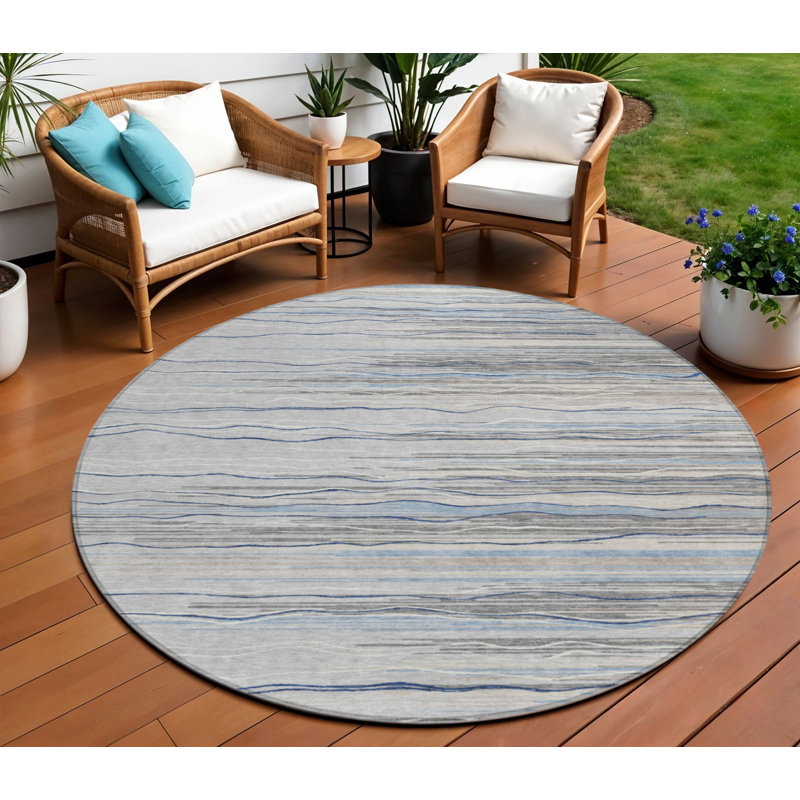 Tapis d'intérieur lavable à rayures rondes gris et argent 8 pi