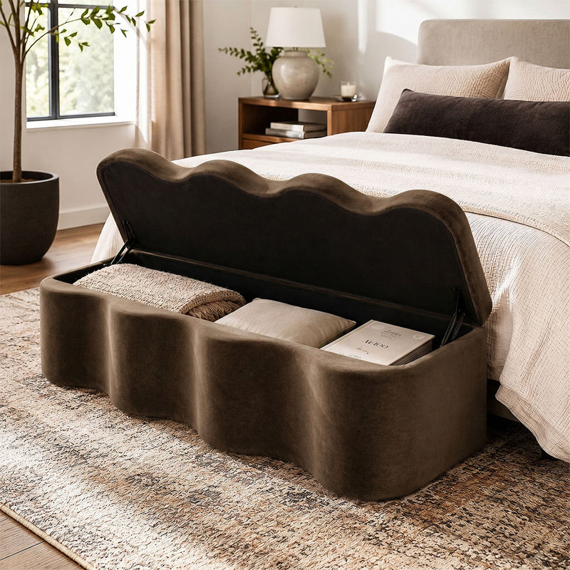 Banc de rangement rembourré 60 po avec couvercle relevable, Brun