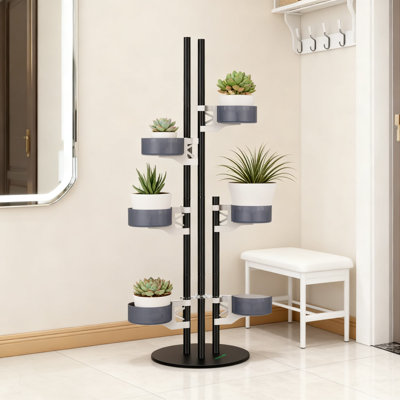 Support à plantes en métal à 6 niveaux avec jardinières à arrosage automatique, tour à fleurs verticale modulaire avec base en fer robuste pour une utilisation intérieure et extérieure