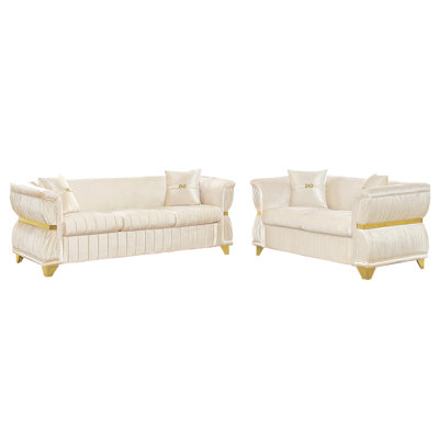 2 Piece Set Modern Velvet Three Seater and Two Seater Sofa Upholstered Luxury Couch with 4 Pillows Gold Metal Trim Tapered Gold Legs & Curved Armrests