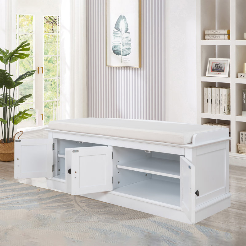 43" Wide Shoe Storage Bench With Cushion Entryway Bench Storage Bench, White