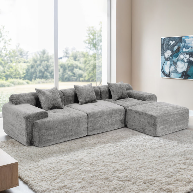 120" Sectional Sofa Comfy Cloud Couch For Living Room Modern Chenille Upholstered Sectional With Throw Pillows, Ottoman