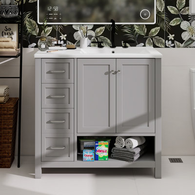 Meuble-lavabo de 36 po avec comptoir d'évier, meuble-lavabo avec deux portes et deux tiroirs, bois massif, tablette ouverte, panneaux de fibres à densité moyenne, un paquet, gris