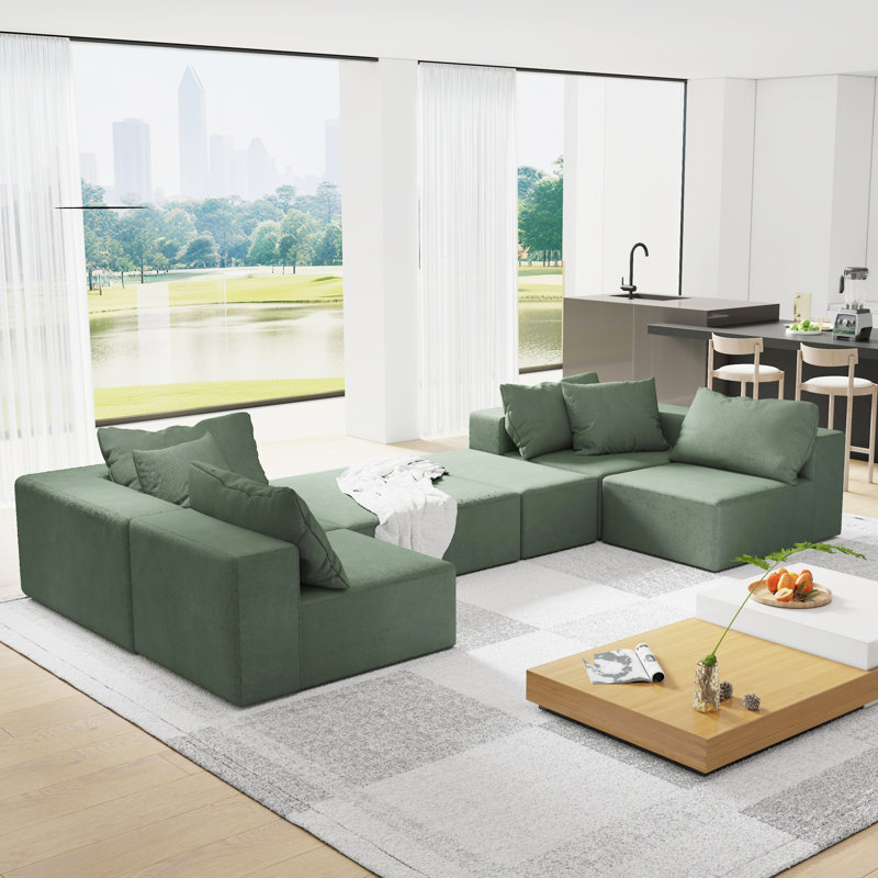 Modern Upholstered Sectional Sofa Couch Set,Modular 132" L Shaped Sectional Living Room Sofa Set, Green Chenille