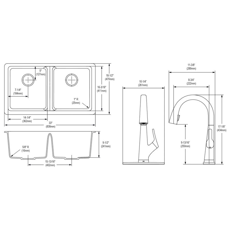 Évier de cuisine avec robinet encastrable 33 po x 20-1 / 2 po x 9-1 / 2 po, Moka