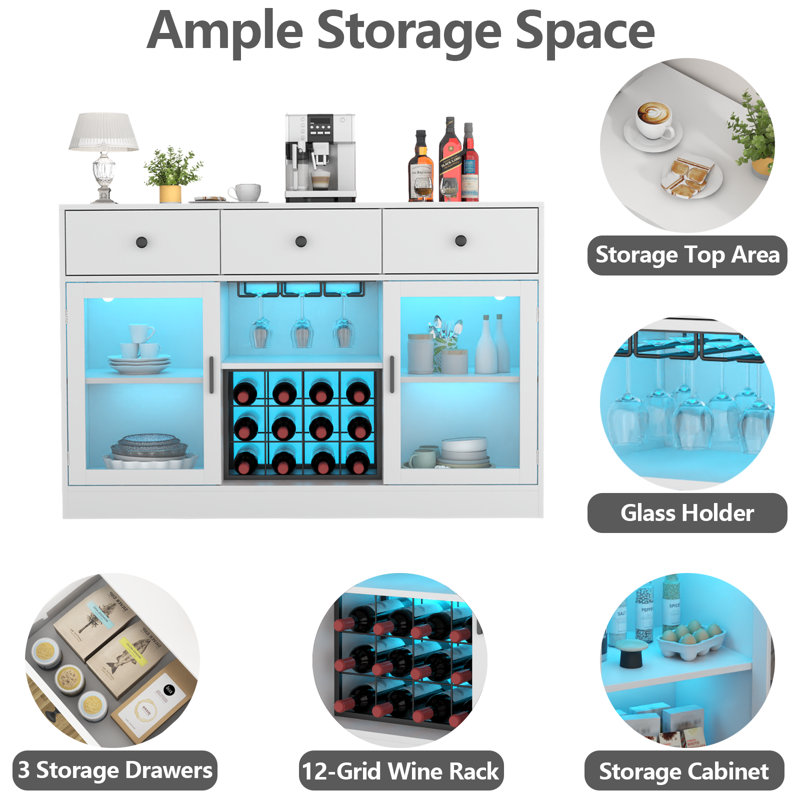 White Modern Wine Bar Cabinet with LED Lights and Glass Doors
