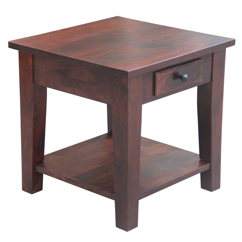 Table de bout moderne en bois massif avec tiroir et tablette inférieure Ajara