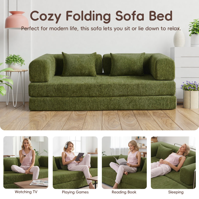 2 Seater Chenille Sofa Bed, Green