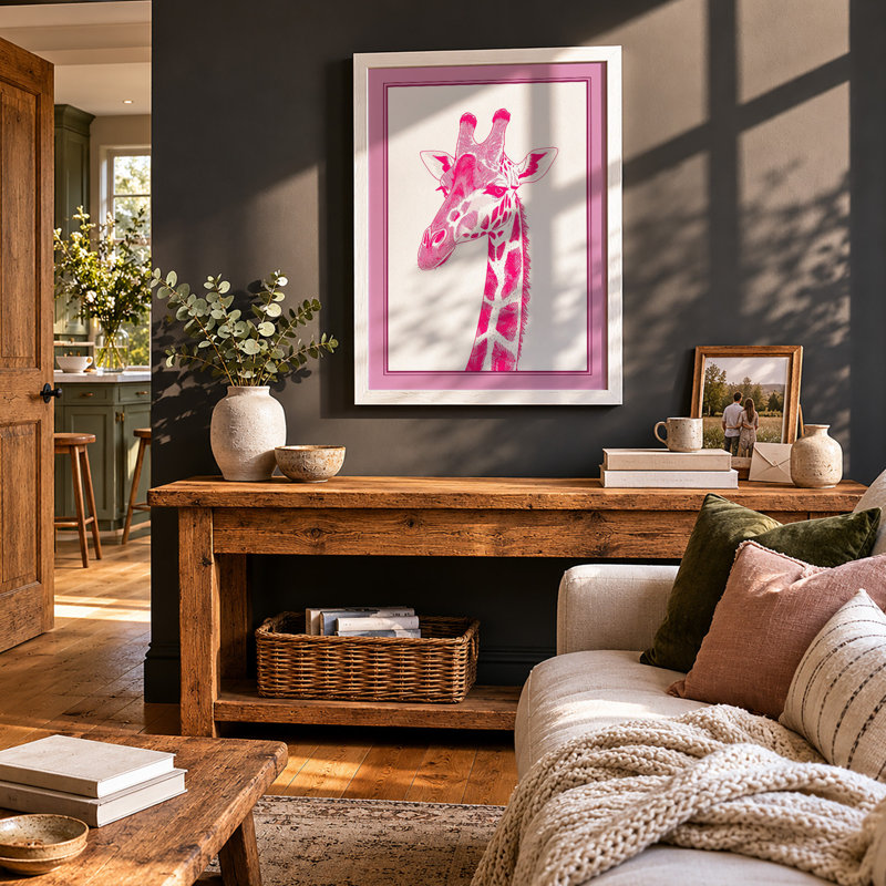 Pink Giraffe Modern - Framed Print, A4 - 29.7 x 21.0 cm, White