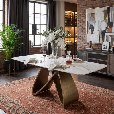 78" Modern Sintered Stone Dining Table, Rectangular Top, Bronze Geometric X-Shape Metal Base, Seats 6-8