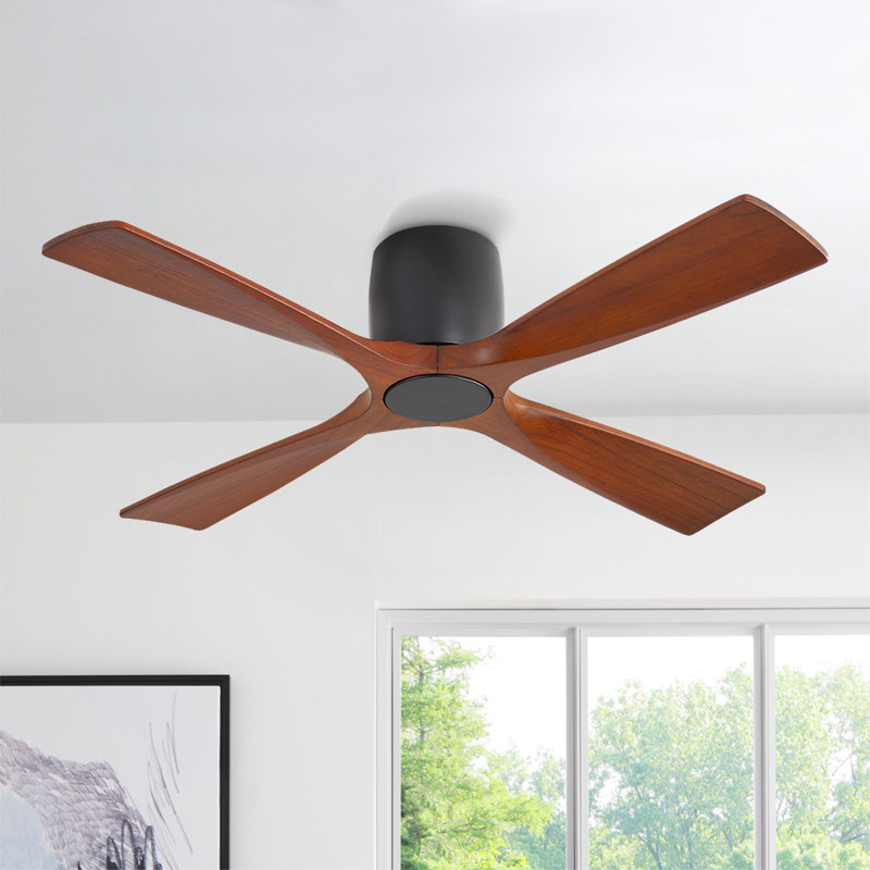 48 In Solid Wood Blades Dc Flush Mount Ceiling Fan With Remote, Black and Walnut, Black, Walnut, 48" Wide
