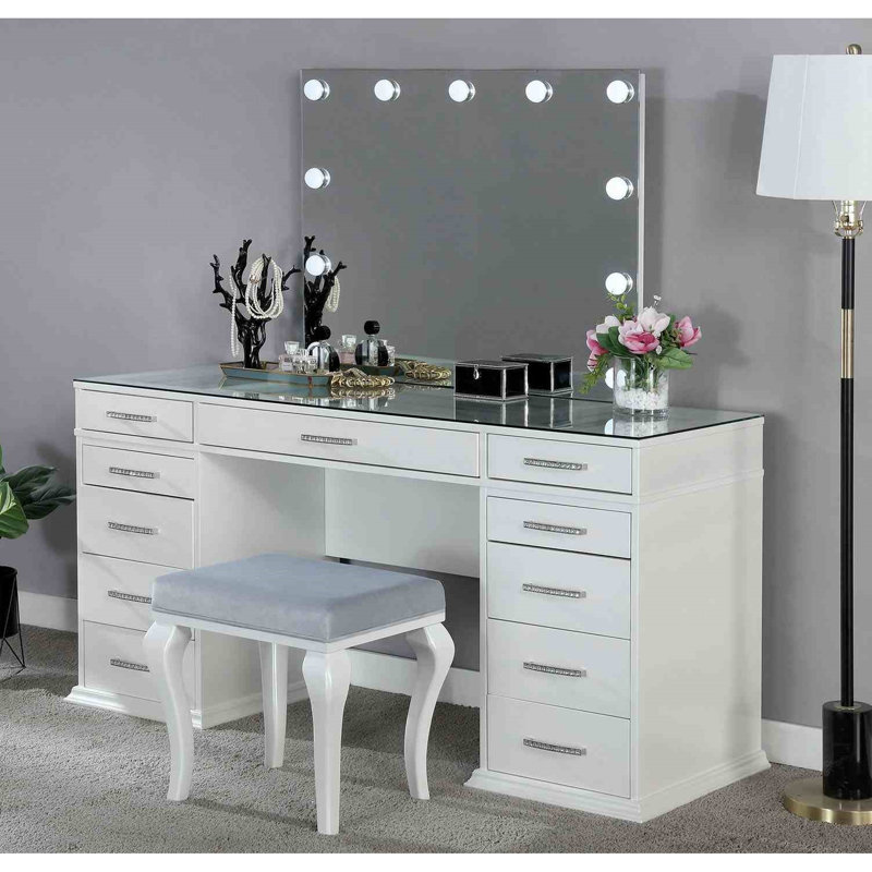 1Pc Vanity With Stool, 8Mm Glass, 5 Drawers, Led Mirror, Luminous White Solid Wood Bedroom Furniture