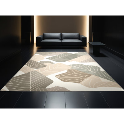 Tapis gris scandinave lavable à la machine à motif de feuilles de violon parrilla
